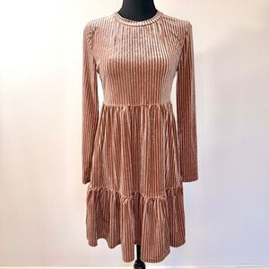 SHEIN Blush Pink Ribbed Velvet Long Sleeve Tiered Dress